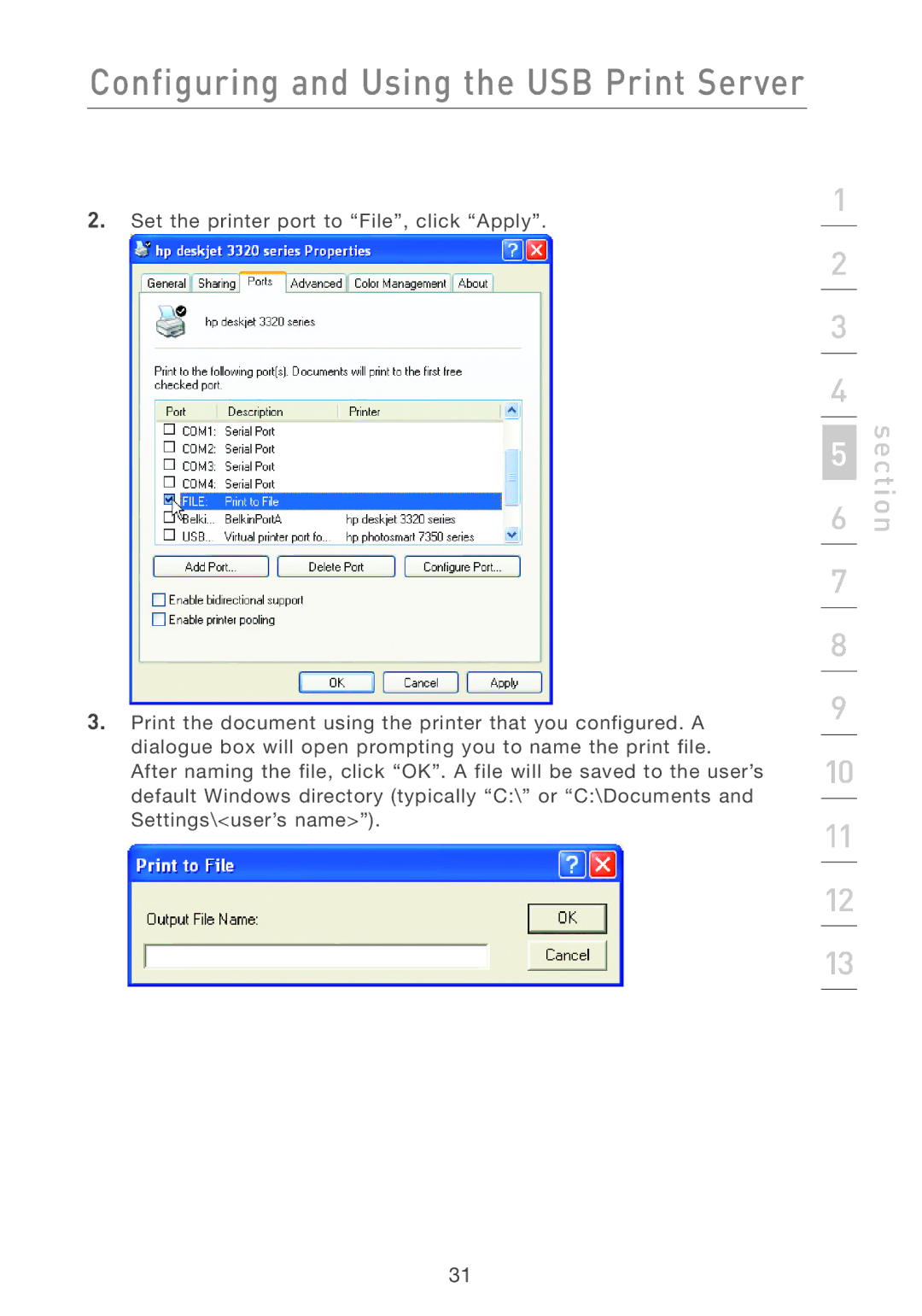 Belkin F5D7231-4P user manual Configuring and Using the USB Print Server 