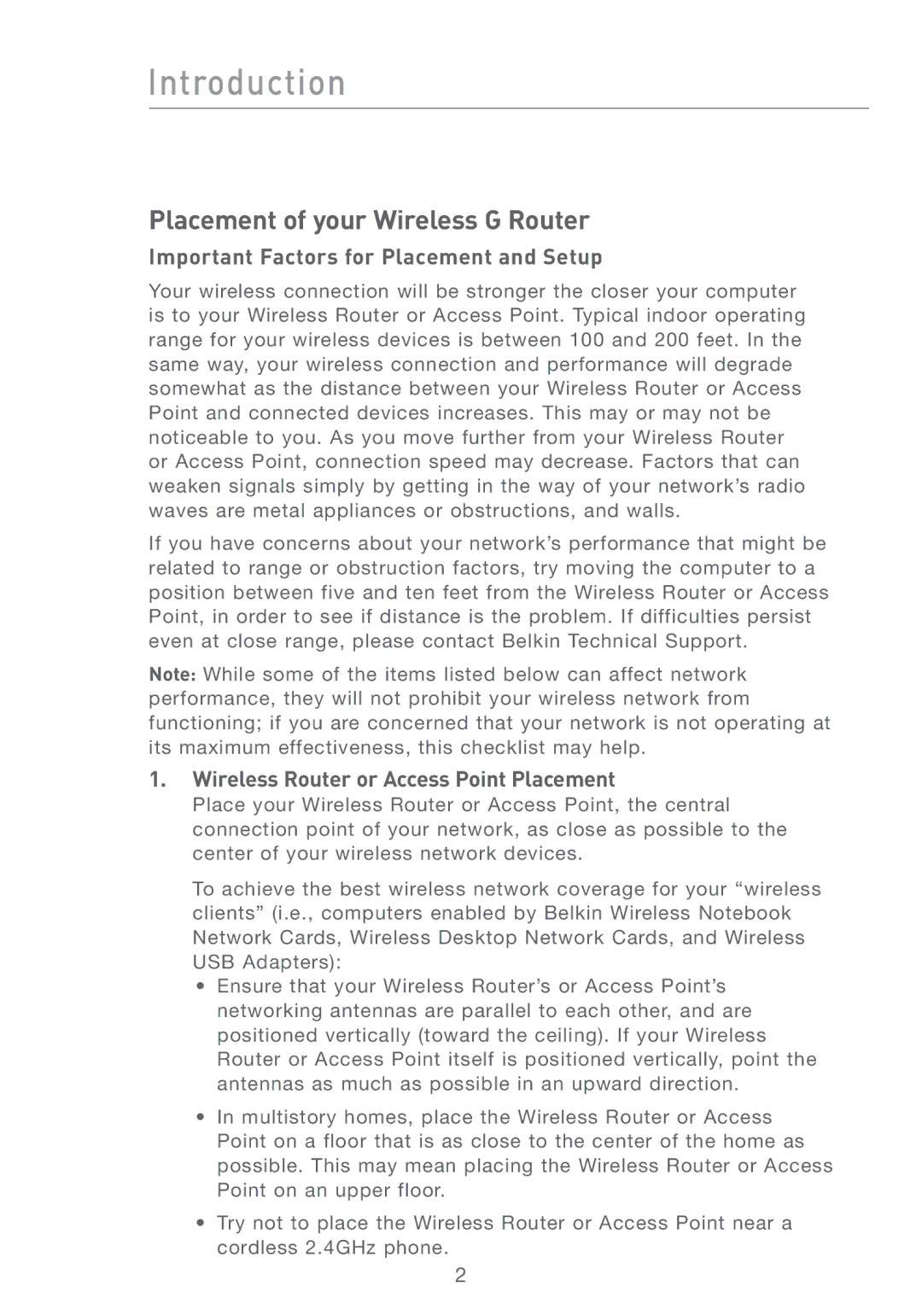 Belkin F5D7231-4P user manual Important Factors for Placement and Setup, Wireless Router or Access Point Placement 