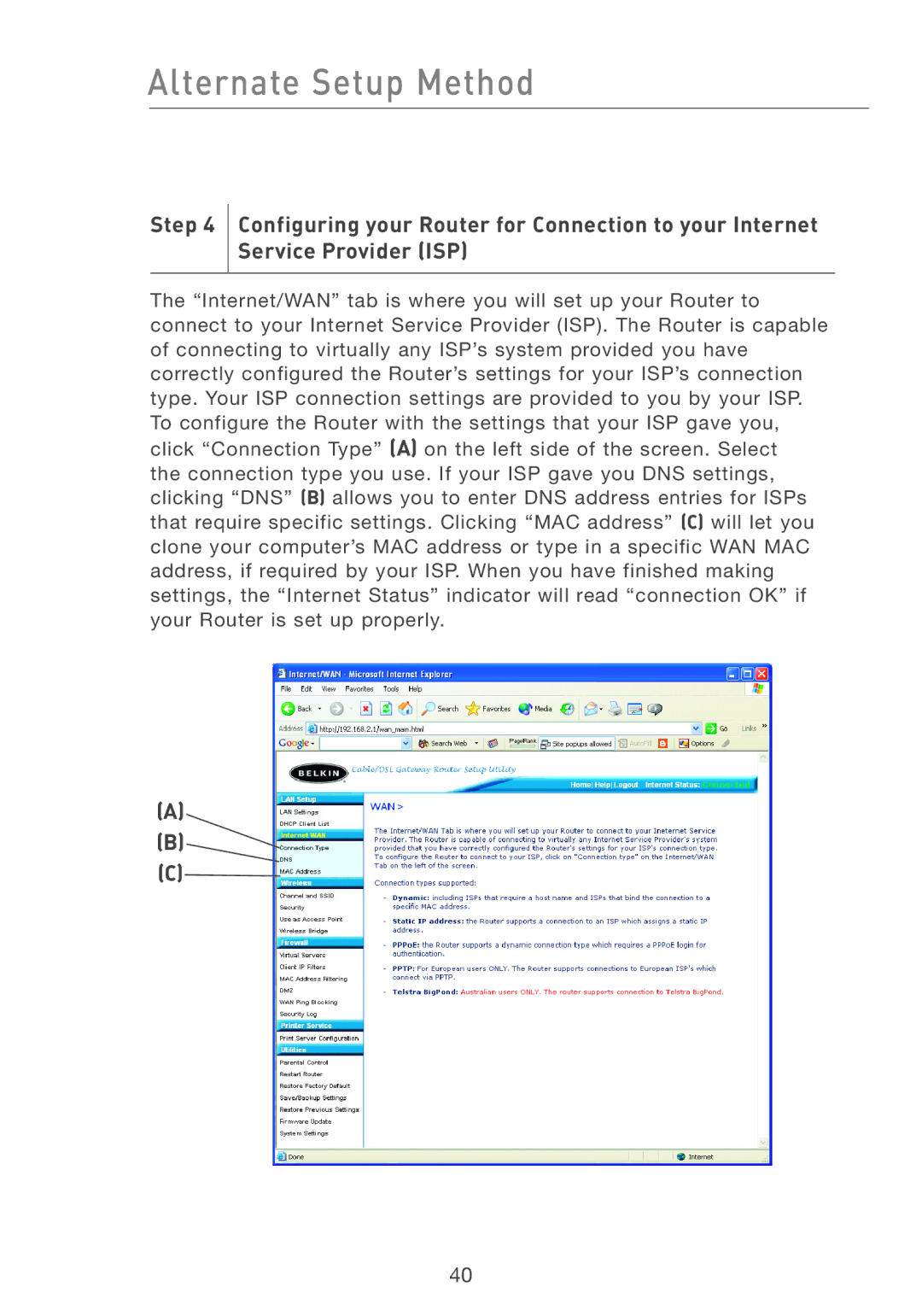 Belkin F5D7231-4P user manual Alternate Setup Method 