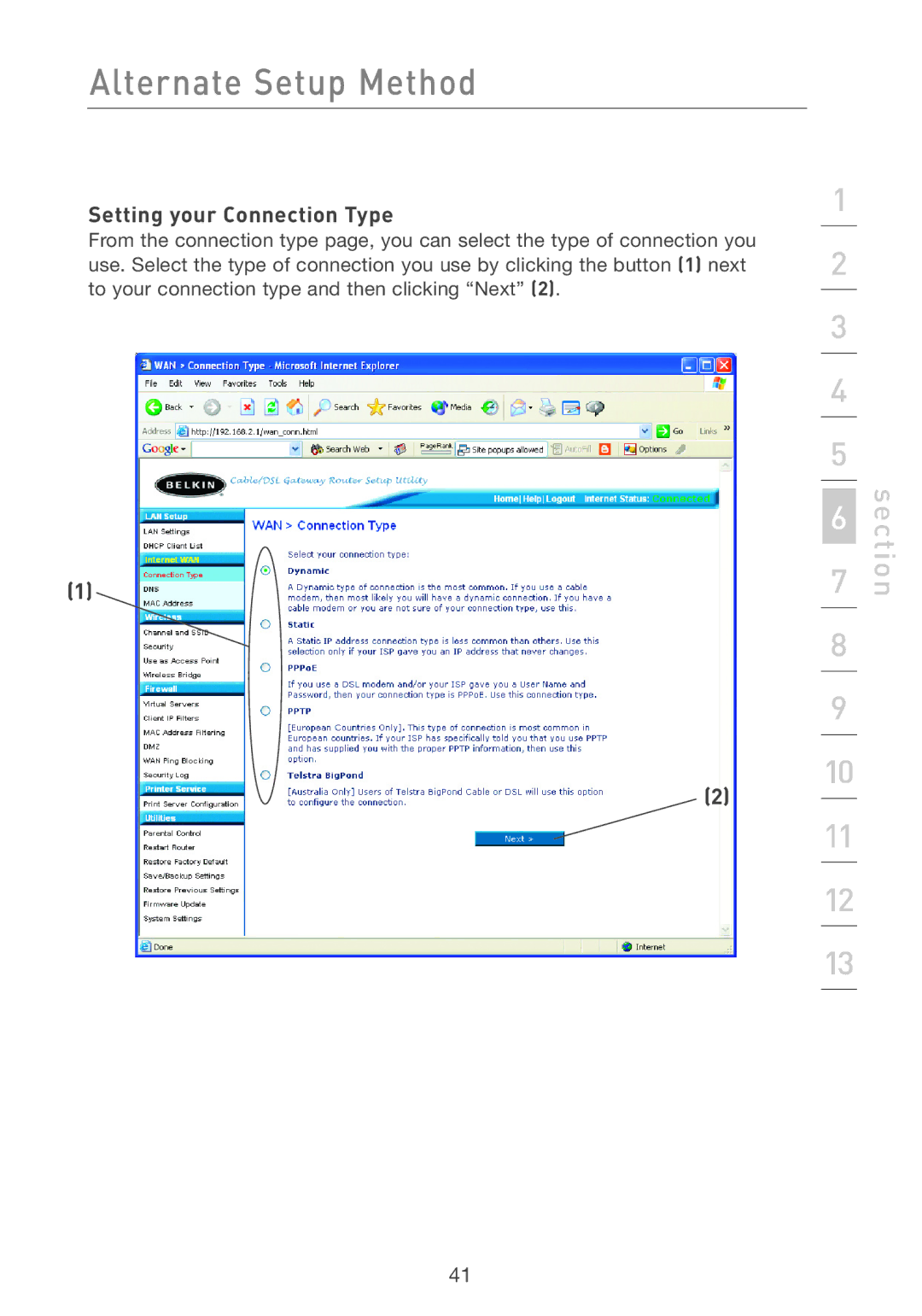 Belkin F5D7231-4P user manual Setting your Connection Type 