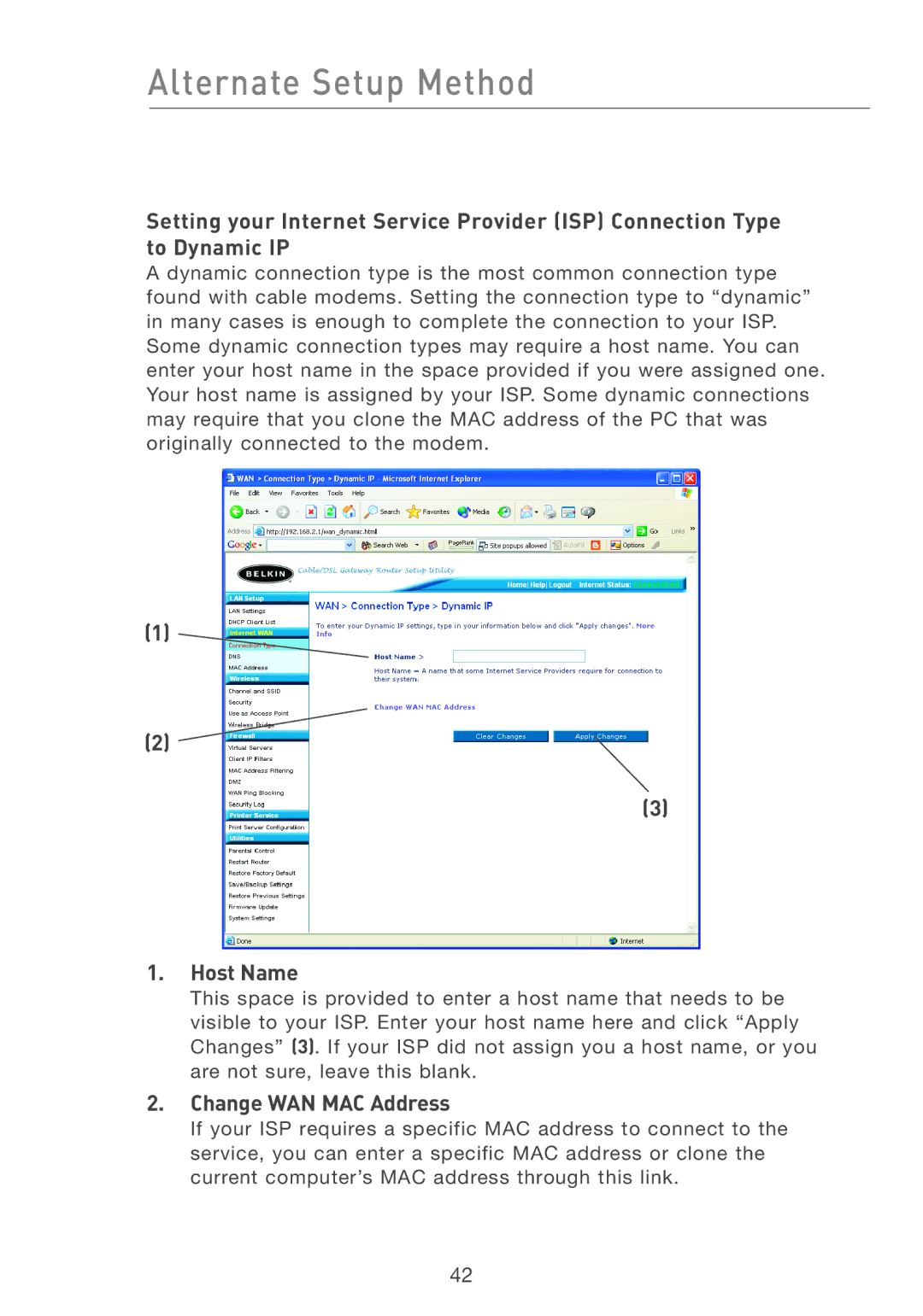 Belkin F5D7231-4P user manual Host Name, Change WAN MAC Address 