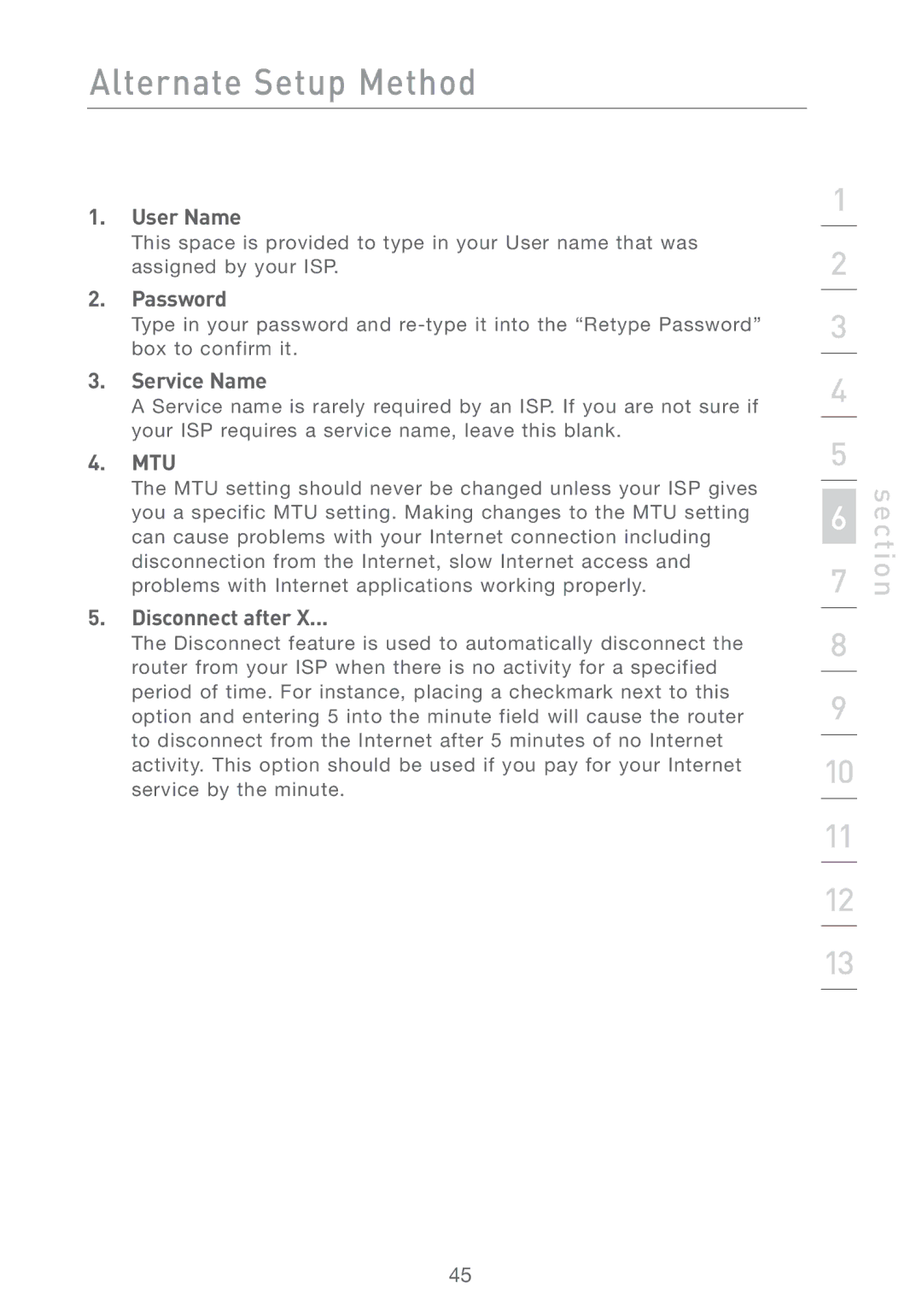 Belkin F5D7231-4P user manual User Name, Password, Service Name, Mtu, Disconnect after 