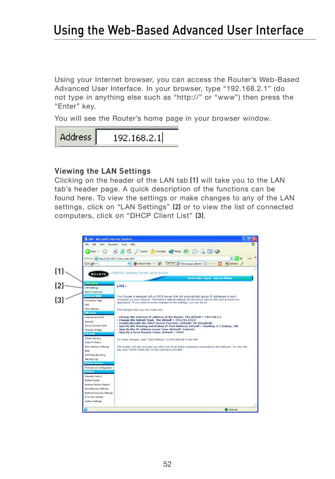 Belkin F5D7231-4P user manual Using the Web-Based Advanced User Interface, Viewing the LAN Settings 