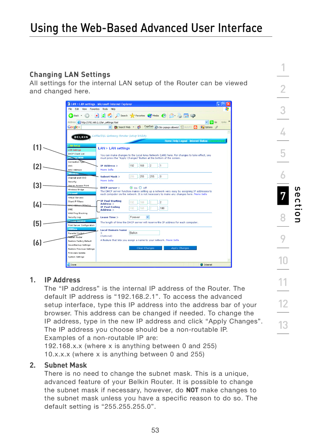 Belkin F5D7231-4P user manual Using the Web-Based Advanced User Interface, Changing LAN Settings 