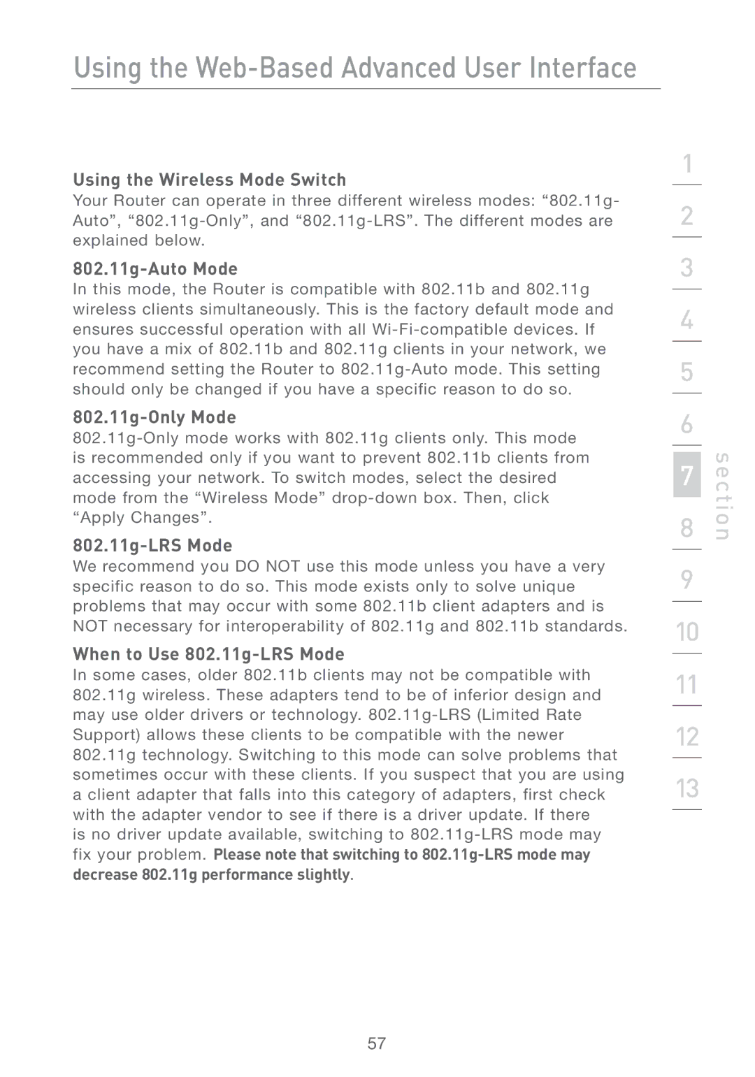 Belkin F5D7231-4P user manual Using the Wireless Mode Switch, 802.11g-Auto Mode, 802.11g-Only Mode, 802.11g-LRS Mode 