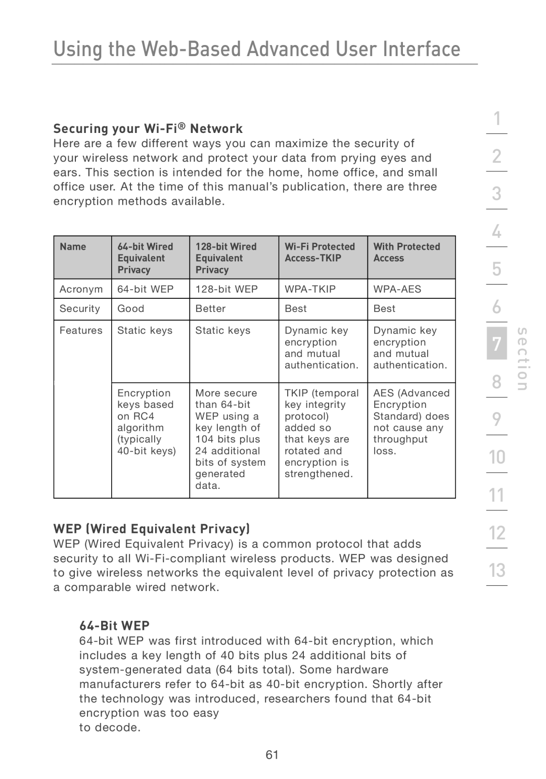 Belkin F5D7231-4P user manual Securing your Wi-FiNetwork, WEP Wired Equivalent Privacy, Bit WEP 