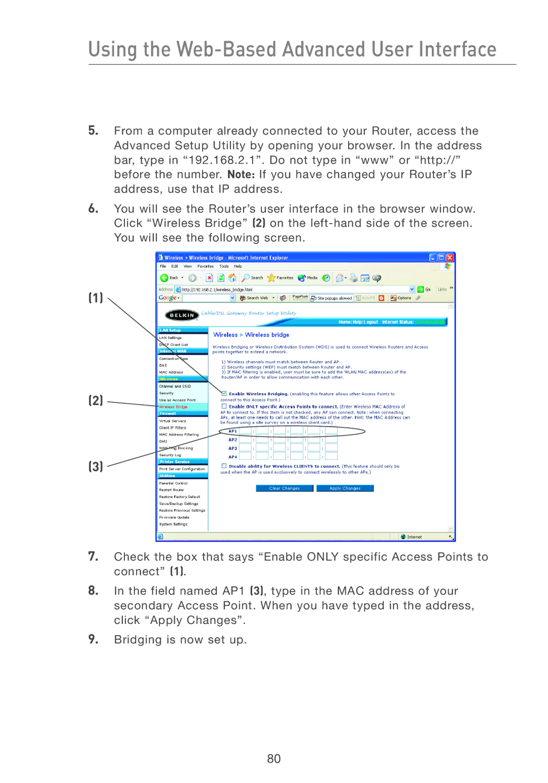 Belkin F5D7231-4P user manual Using the Web-Based Advanced User Interface 