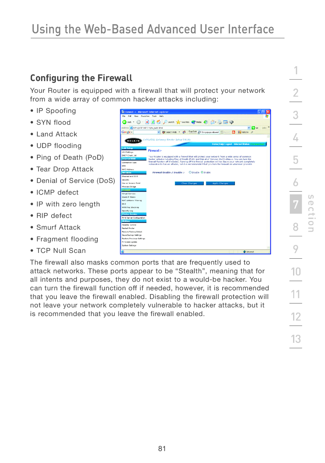 Belkin F5D7231-4P user manual Configuring the Firewall 