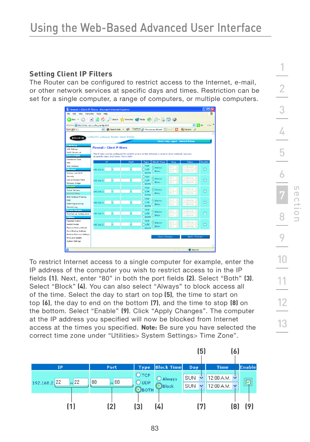 Belkin F5D7231-4P user manual Setting Client IP Filters 