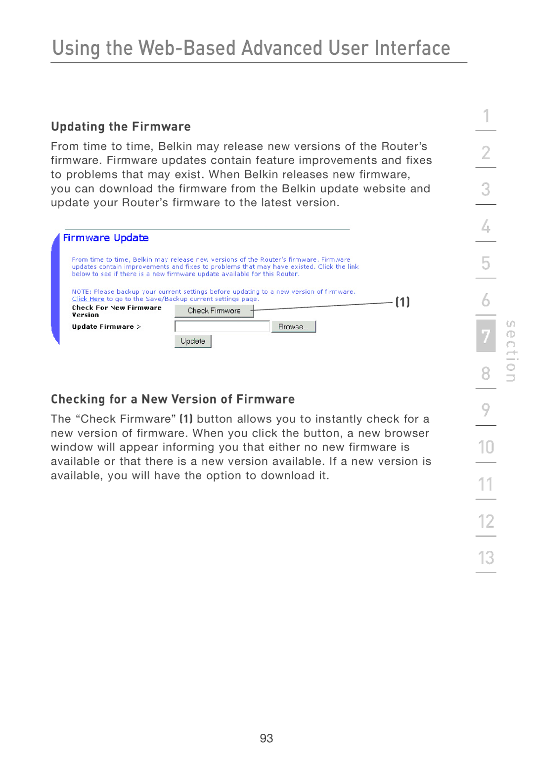 Belkin F5D7231-4P user manual Updating the Firmware, Checking for a New Version of Firmware 