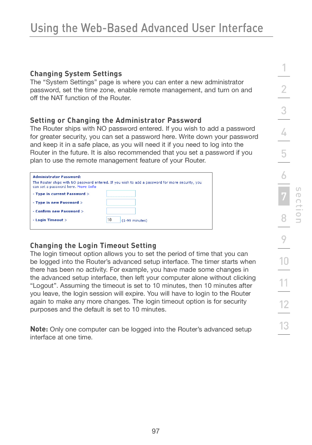 Belkin F5D7231-4P user manual Changing System Settings, Setting or Changing the Administrator Password 