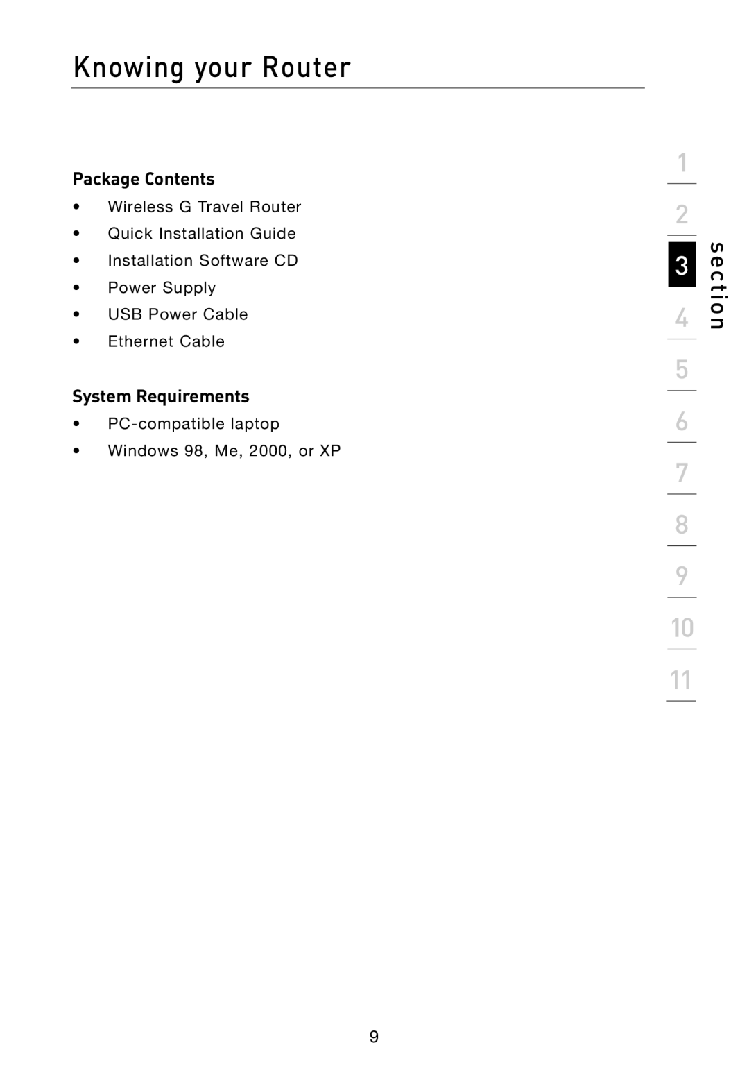 Belkin F5D7233 user manual Knowing your Router, Package Contents, System Requirements 