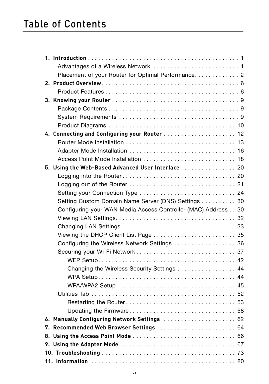 Belkin F5D7233 user manual Table of Contents 