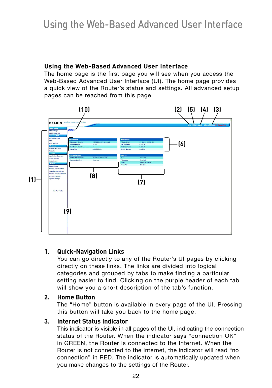 Belkin F5D7233 Using the Web-Based Advanced User Interface, Quick-Navigation Links, Home Button, Internet Status Indicator 