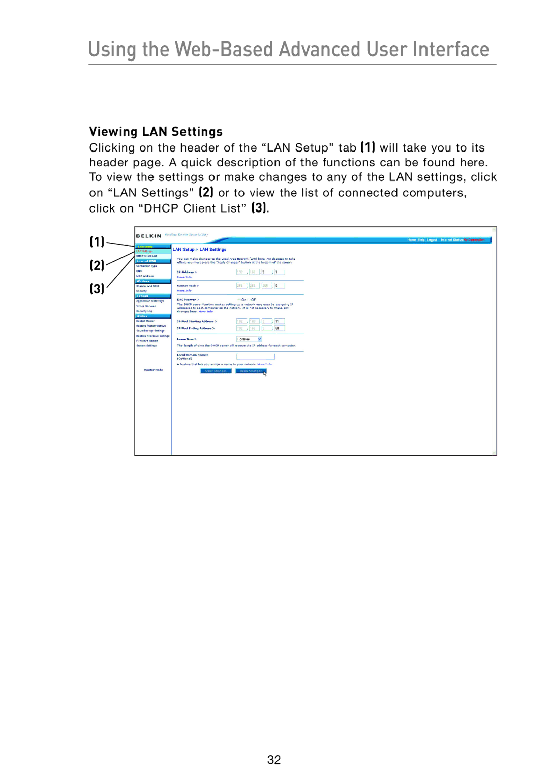 Belkin F5D7233 user manual Viewing LAN Settings 