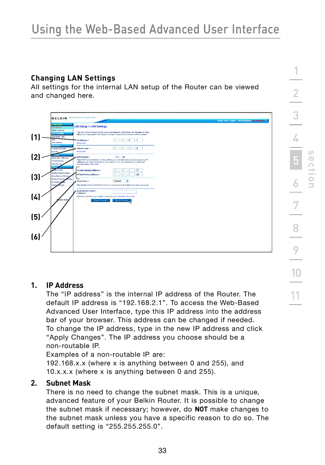 Belkin F5D7233 user manual Changing LAN Settings, IP Address 