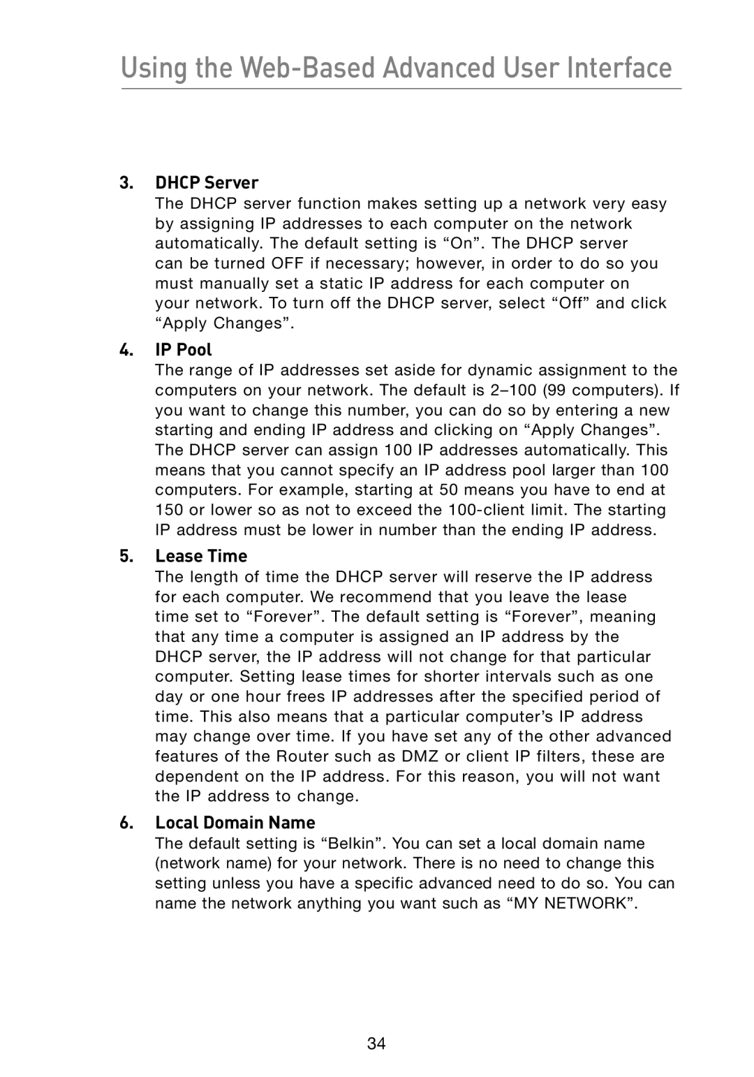 Belkin F5D7233 user manual Dhcp Server, IP Pool, Lease Time, Local Domain Name 