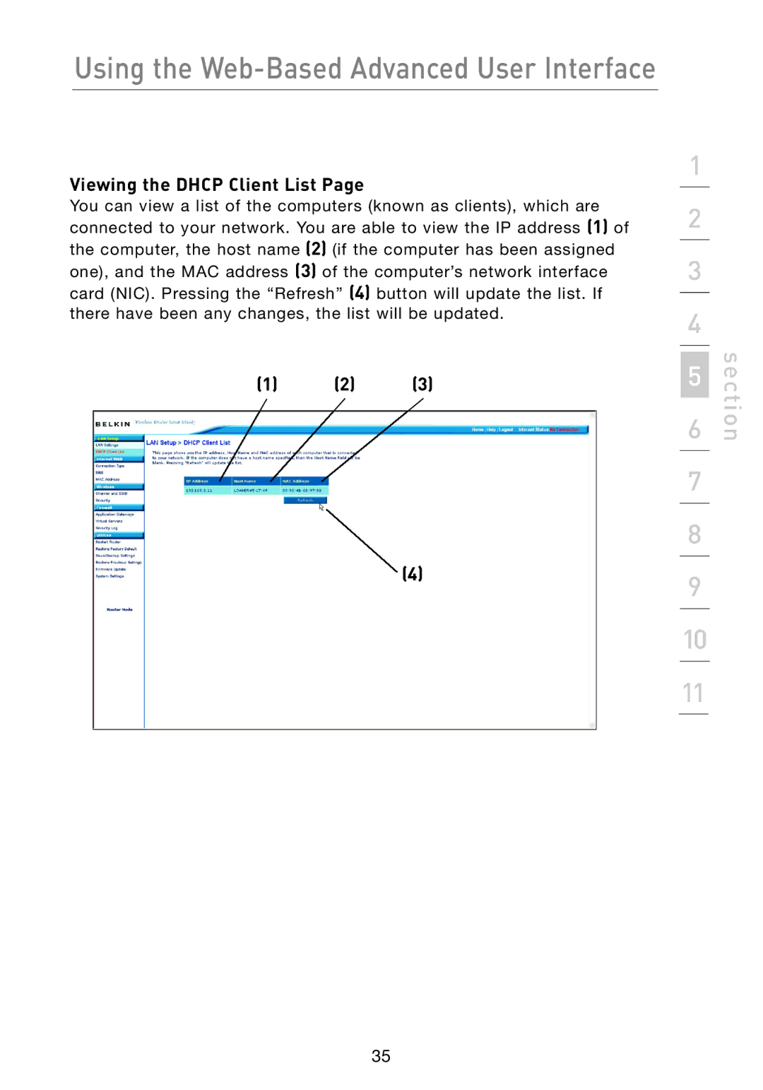 Belkin F5D7233 user manual Viewing the Dhcp Client List 