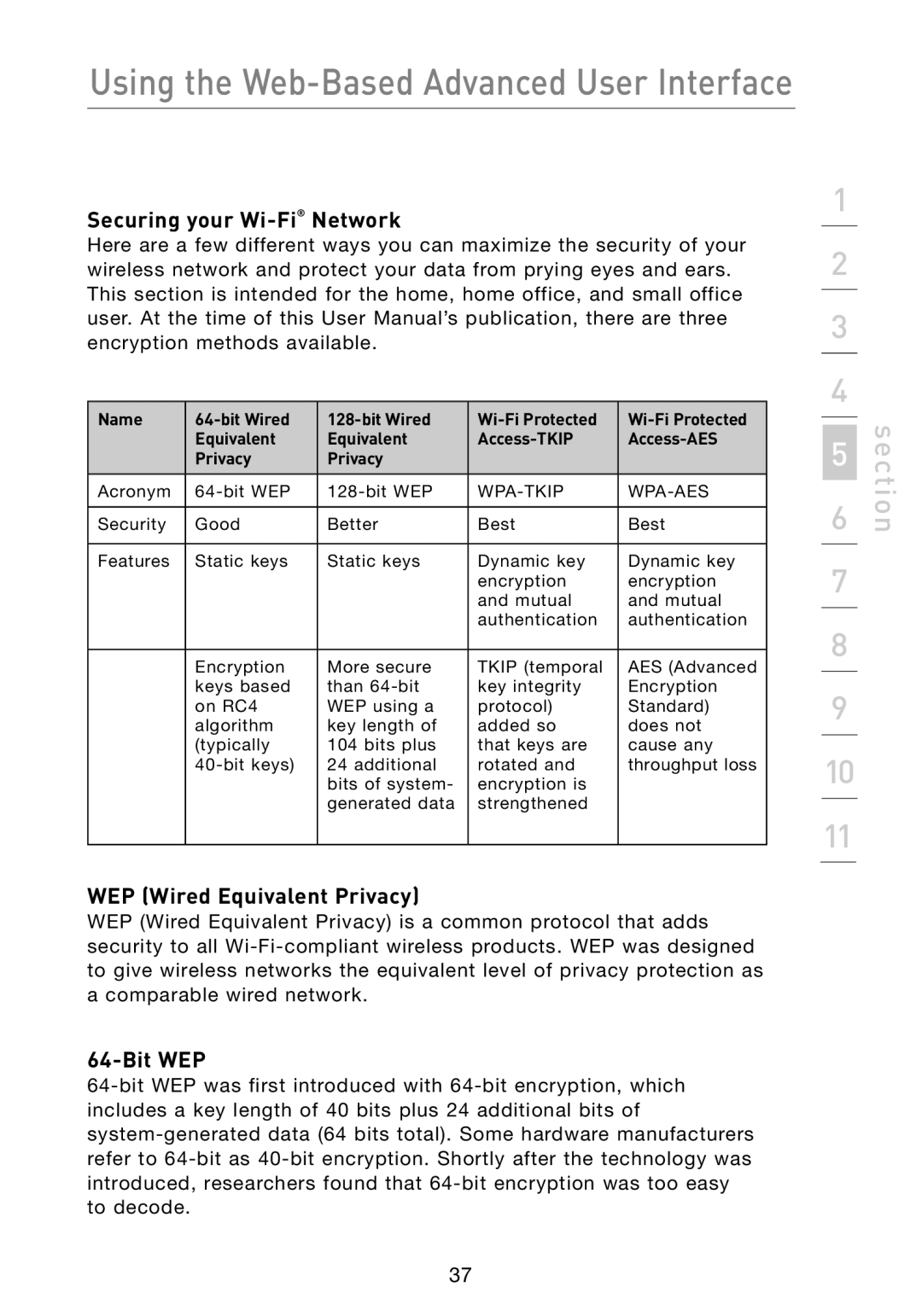 Belkin F5D7233 user manual Securing your Wi-Fi Network, WEP Wired Equivalent Privacy, Bit WEP 