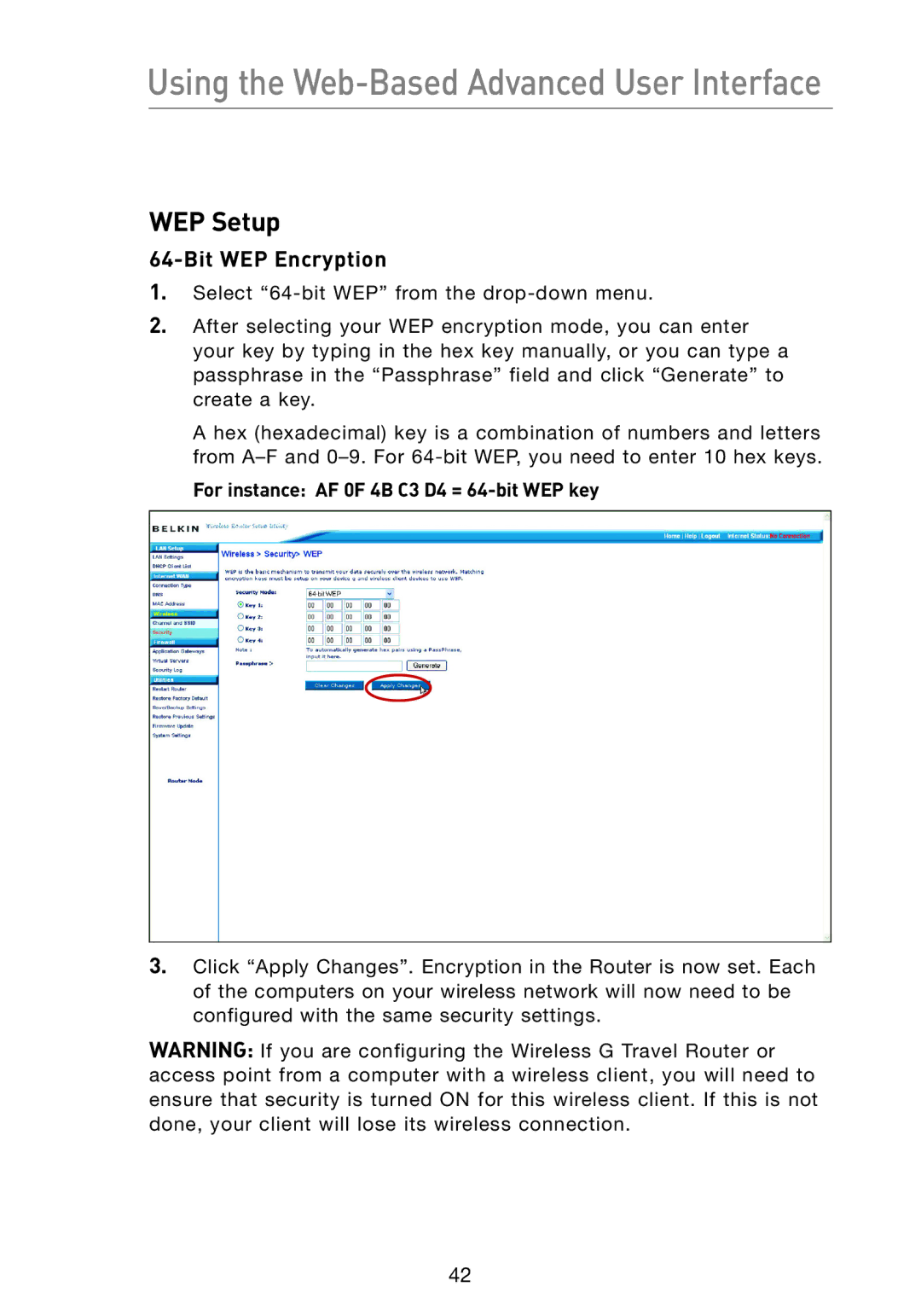 Belkin F5D7233 user manual WEP Setup, Bit WEP Encryption 