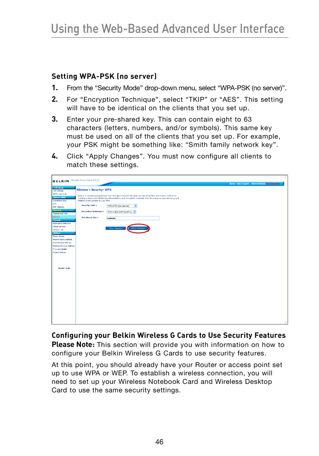 Belkin F5D7233 user manual Setting WPA-PSK no server 