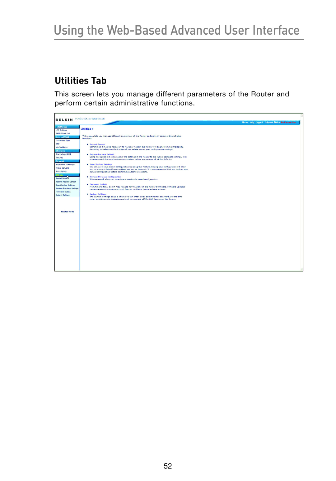 Belkin F5D7233 user manual Utilities Tab 