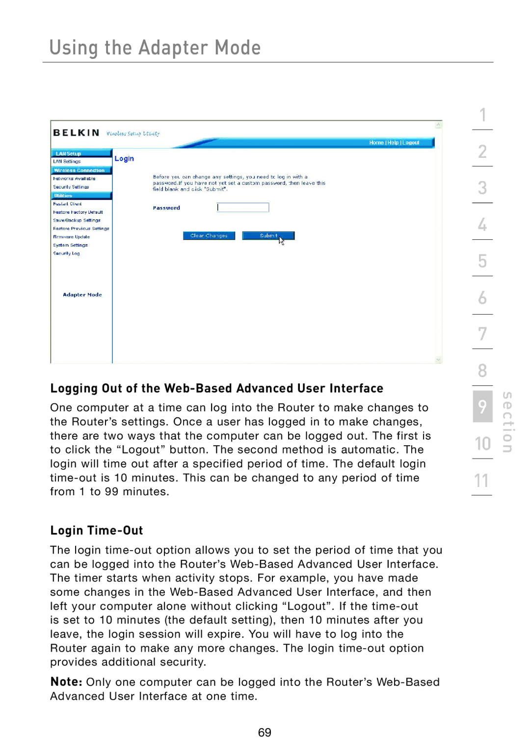 Belkin F5D7233 user manual Logging Out of the Web-Based Advanced User Interface, Login Time-Out 