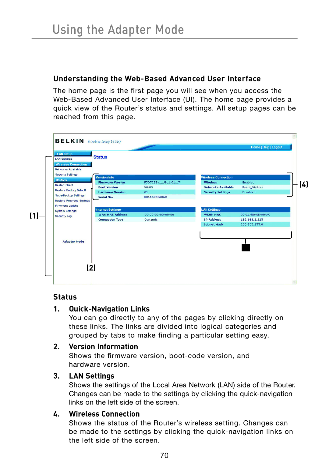 Belkin F5D7233 Understanding the Web-Based Advanced User Interface, Status Quick-Navigation Links, Version Information 