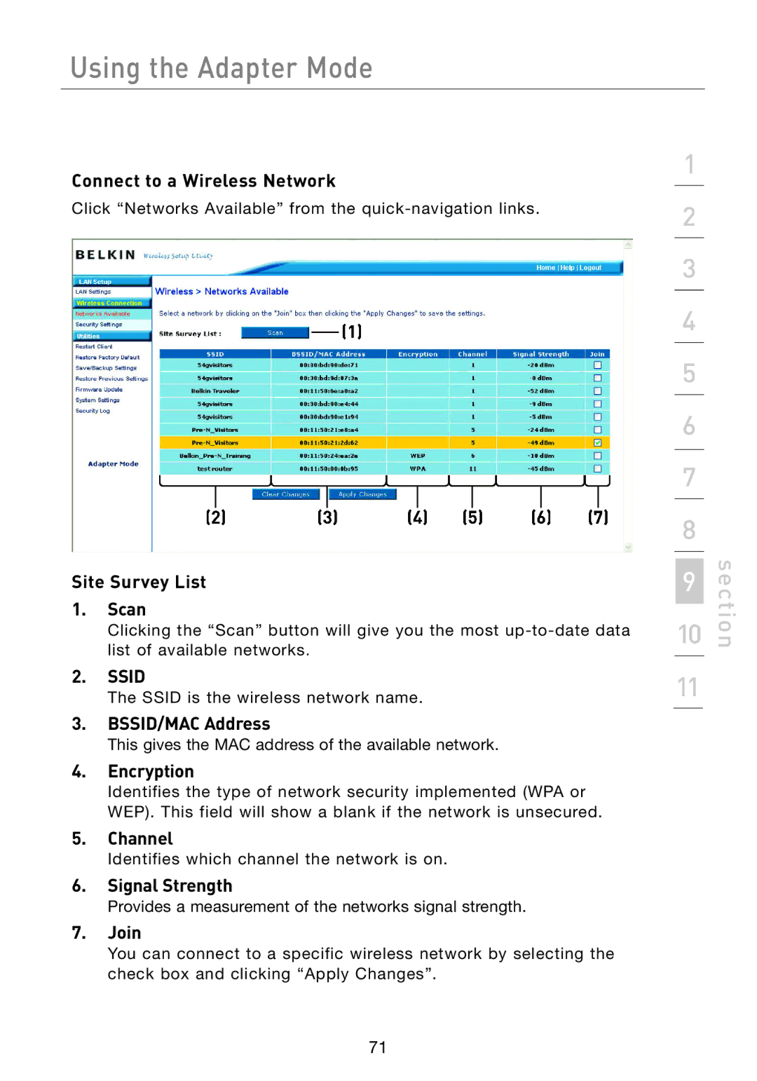 Belkin F5D7233 Connect to a Wireless Network, Site Survey List Scan, BSSID/MAC Address, Encryption, Channel, Join 