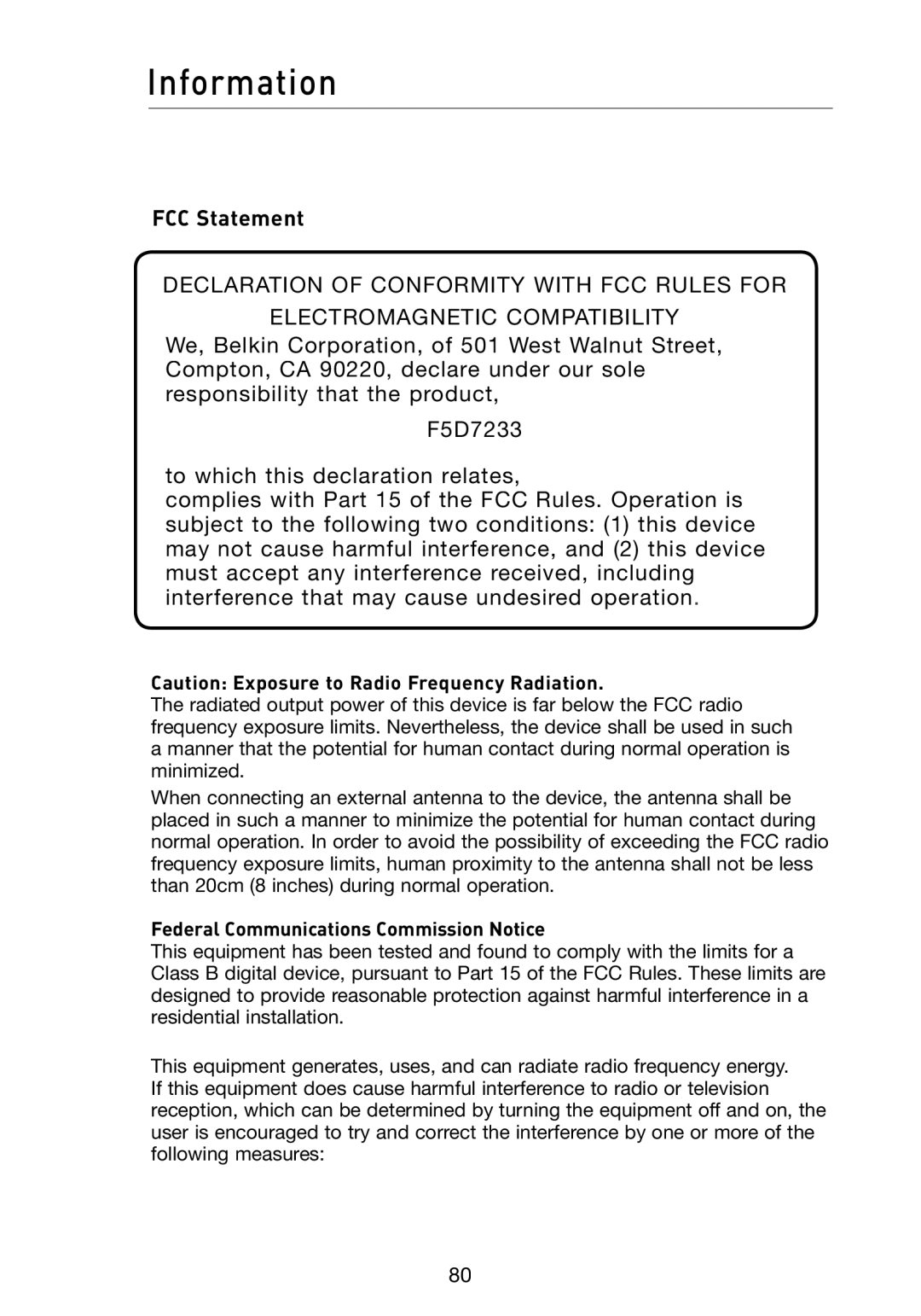 Belkin F5D7233 user manual Information, FCC Statement 