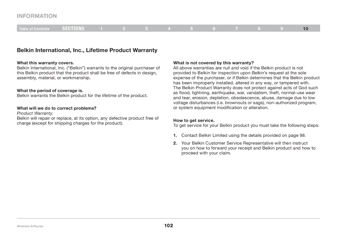 Belkin F5D7234-4-H user manual Belkin International, Inc., Lifetime Product Warranty 