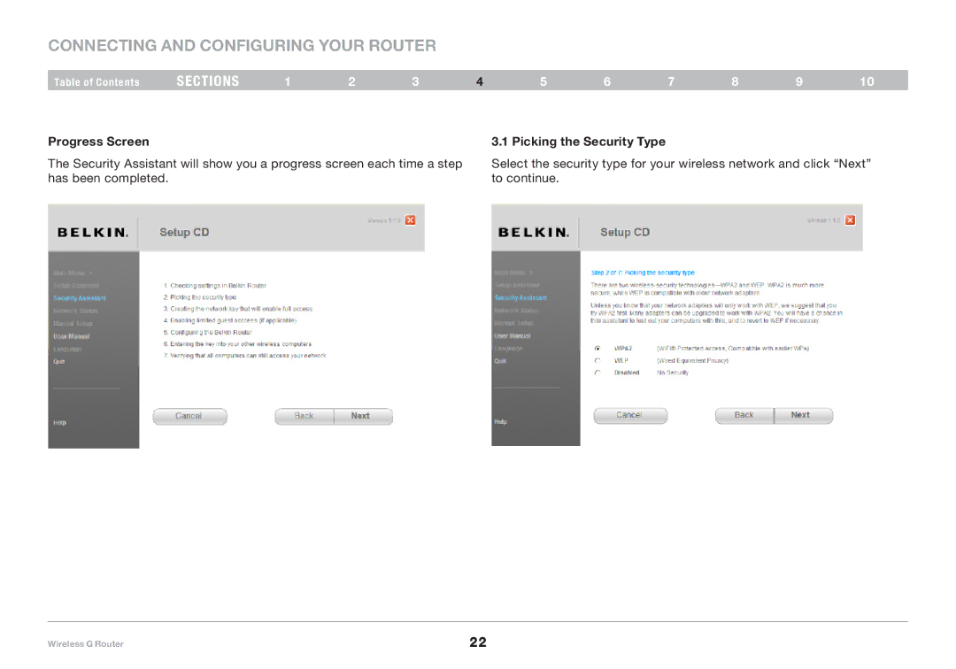Belkin F5D7234-4-H user manual Progress Screen Picking the Security Type 