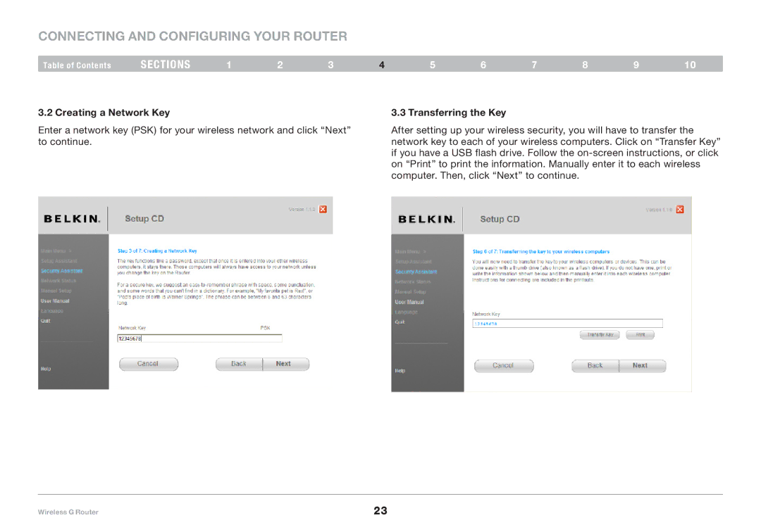 Belkin F5D7234-4-H user manual Creating a Network Key Transferring the Key 