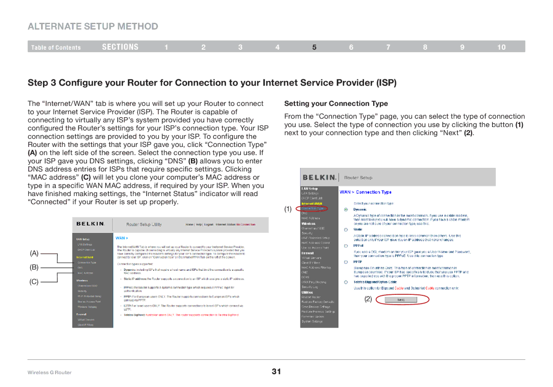 Belkin F5D7234-4-H user manual Setting your Connection Type 