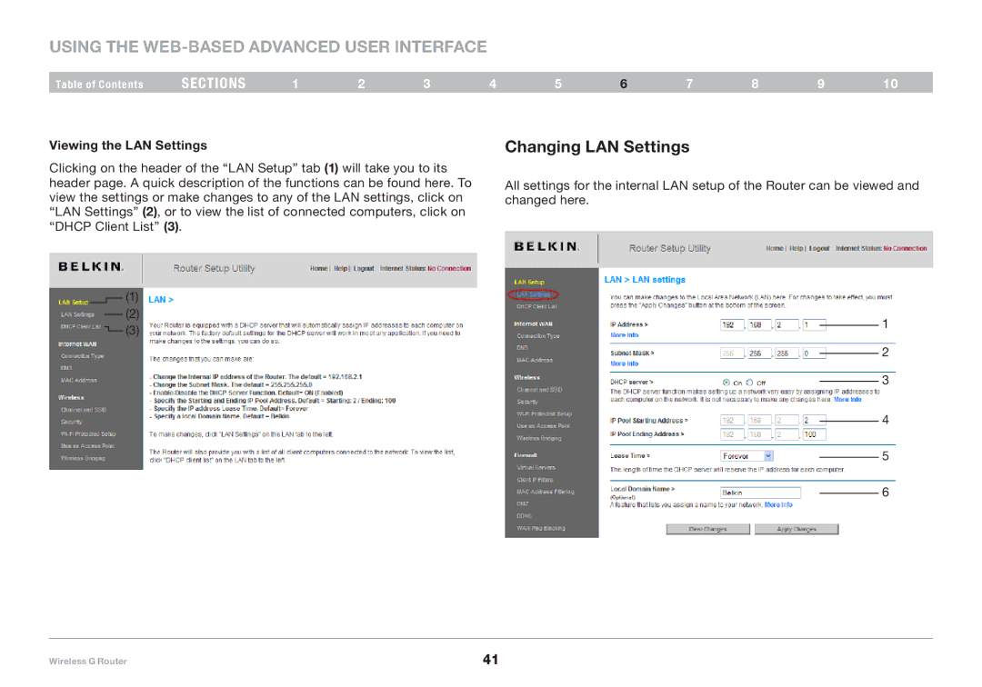 Belkin F5D7234-4-H user manual Using the Web-Based Advanced User Interface, Changing LAN Settings, Viewing the LAN Settings 