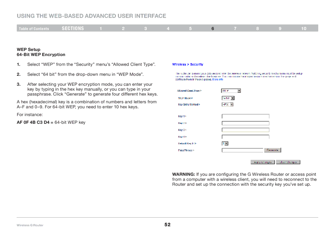 Belkin F5D7234-4-H user manual WEP Setup Bit WEP Encryption, AF 0F 4B C3 D4 = 64-bit WEP key 