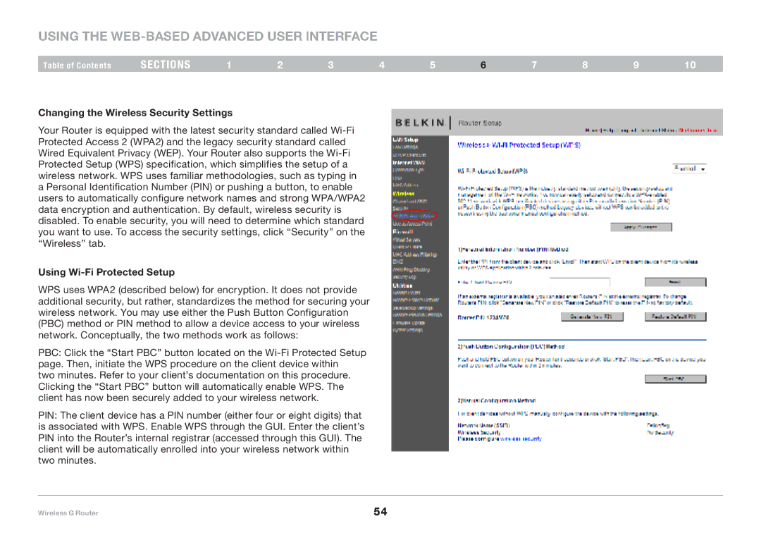 Belkin F5D7234-4-H user manual Changing the Wireless Security Settings, Using Wi-Fi Protected Setup 