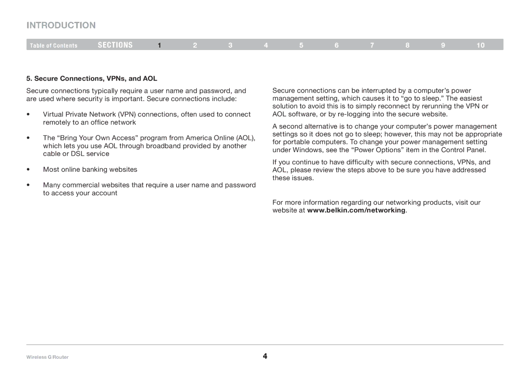 Belkin F5D7234-4-H user manual Secure Connections, VPNs, and AOL 