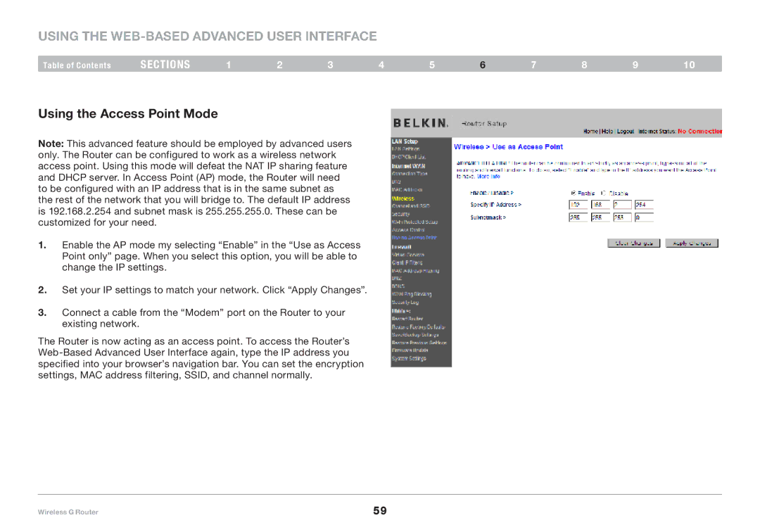 Belkin F5D7234-4-H user manual Using the Access Point Mode 