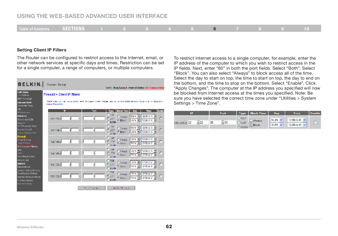 Belkin F5D7234-4-H user manual Setting Client IP Filters 