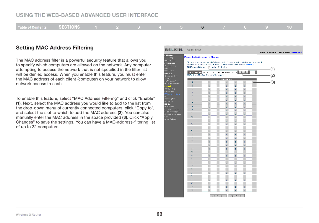 Belkin F5D7234-4-H user manual Setting MAC Address Filtering 