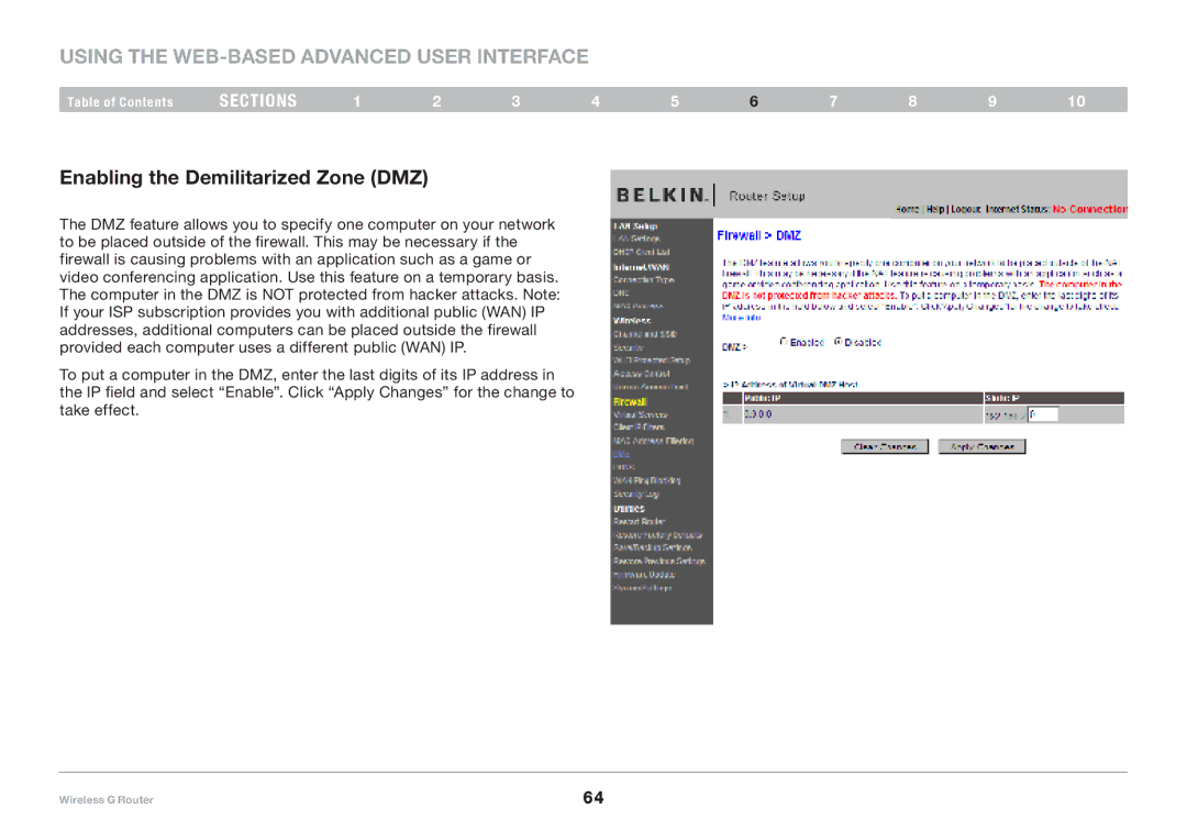 Belkin F5D7234-4-H user manual Enabling the Demilitarized Zone DMZ 