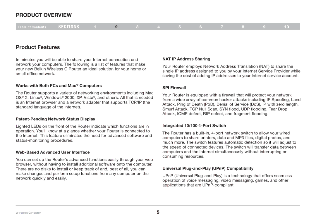 Belkin F5D7234-4-H user manual Product Overview, Product Features 