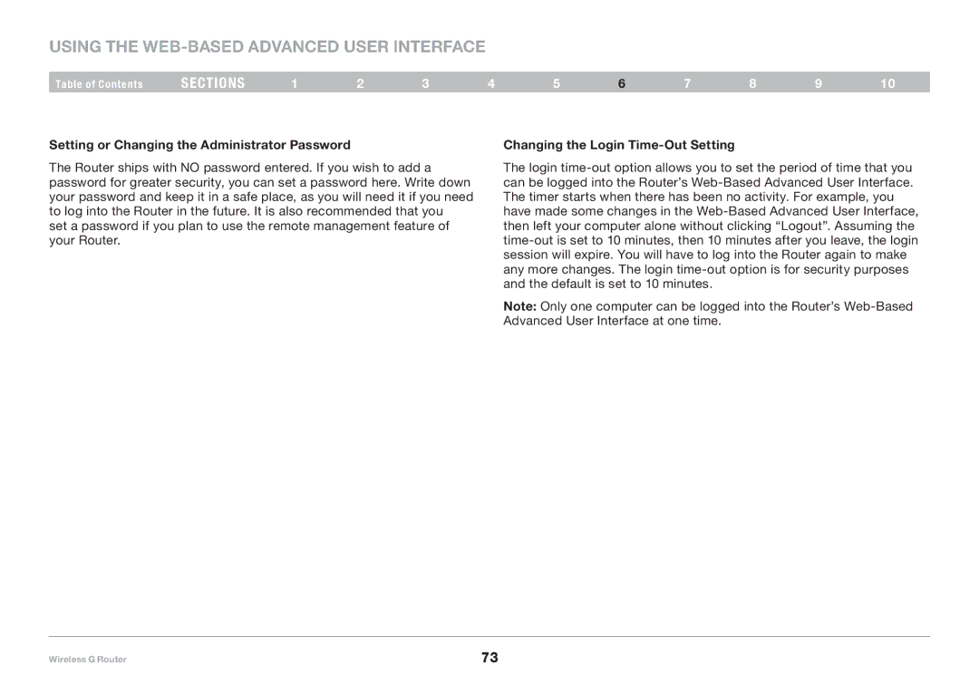 Belkin F5D7234-4-H user manual Setting or Changing the Administrator Password, Changing the Login Time-Out Setting 