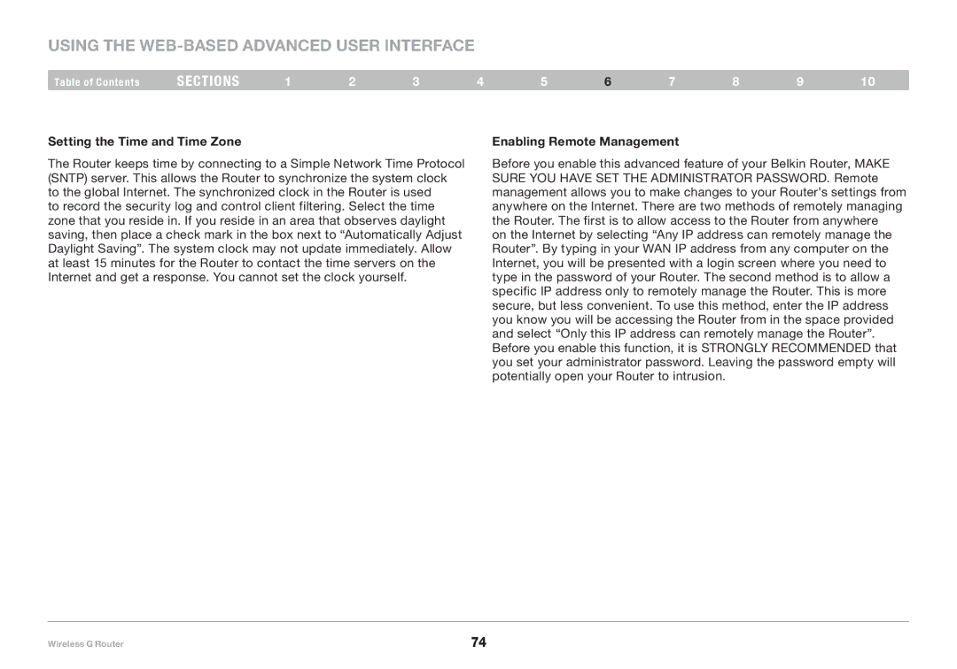 Belkin F5D7234-4-H user manual Setting the Time and Time Zone, Enabling Remote Management 