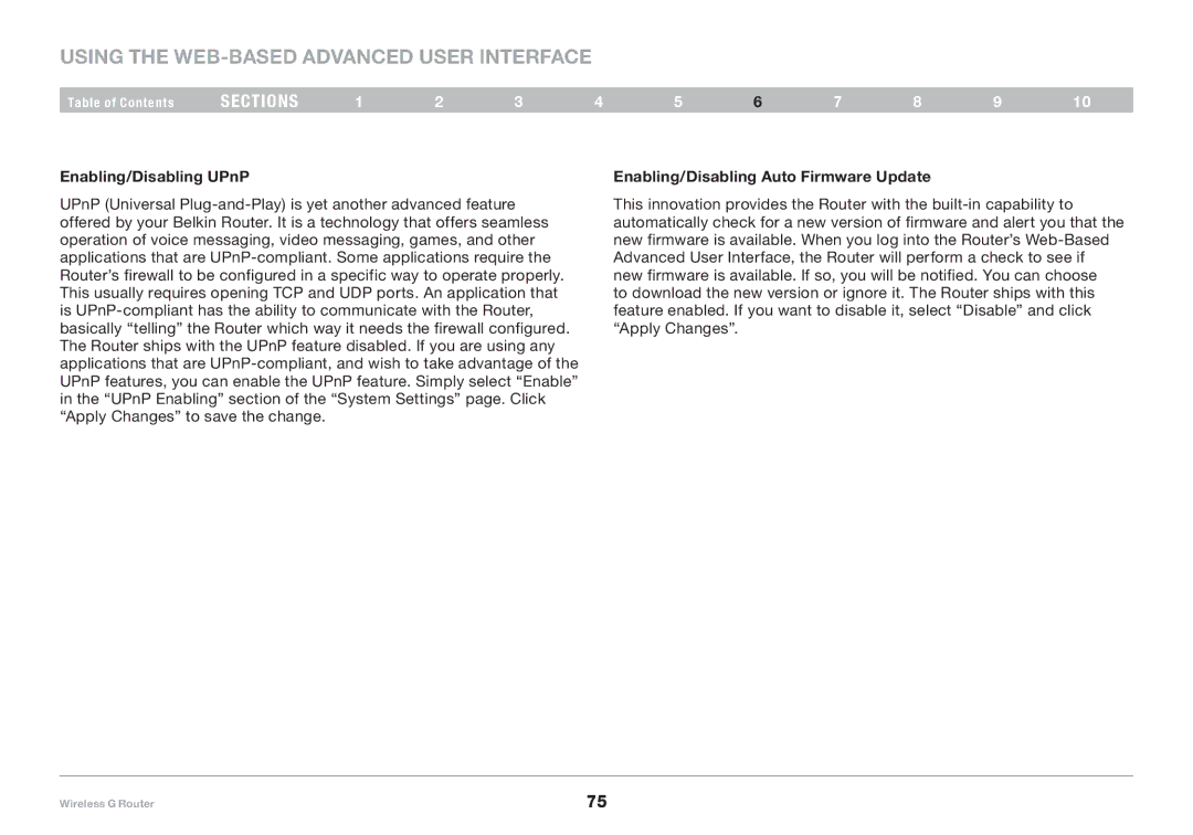 Belkin F5D7234-4-H user manual Enabling/Disabling UPnP, Enabling/Disabling Auto Firmware Update 