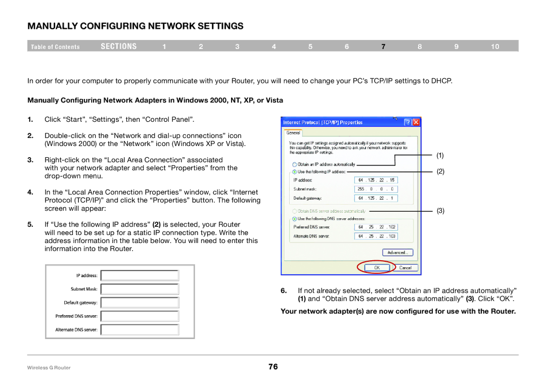 Belkin F5D7234-4-H user manual Manually Configuring Network Settings 