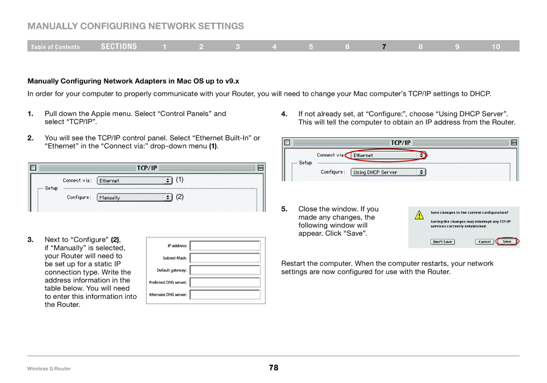 Belkin F5D7234-4-H user manual Manually Configuring Network Adapters in Mac OS up to 