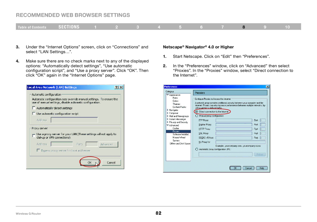 Belkin F5D7234-4-H user manual Recommended Web Browser Settings, Netscape Navigator 4.0 or Higher 