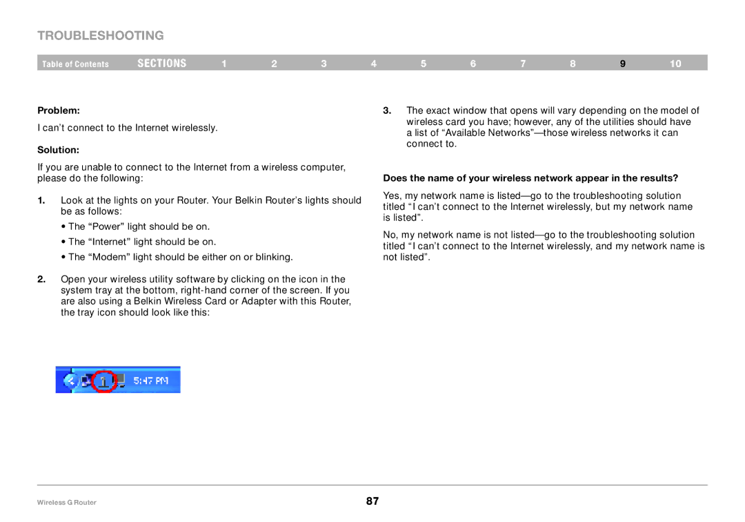 Belkin F5D7234-4-H user manual Can’t connect to the Internet wirelessly 